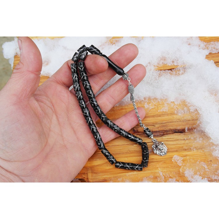 Oltu Stone Cut Model Single Zigzag Quadruple Diamond Embroidered Prayer Beads