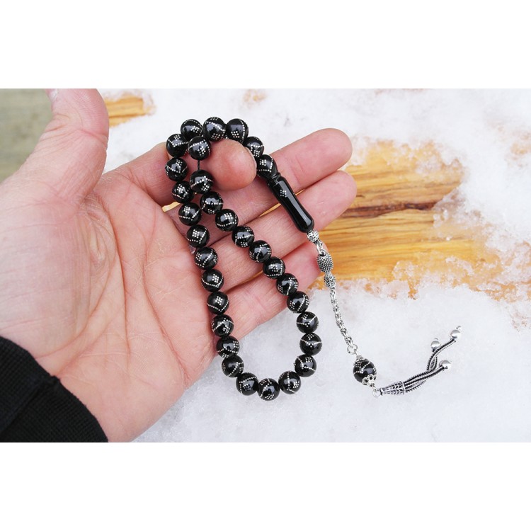 Oltu Taşı Küre  Model Tek  Zikzak Dokuzlu Baklava İşlemeli Tespih