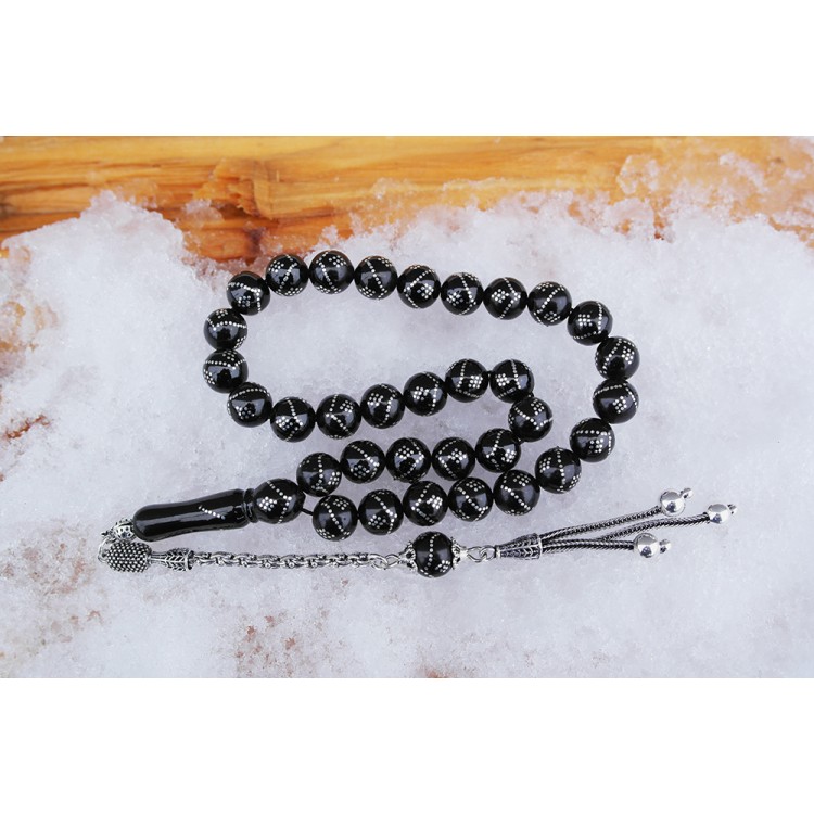 Oltu Taşı Küre  Model Tek  Zikzak Dokuzlu Baklava İşlemeli Tespih