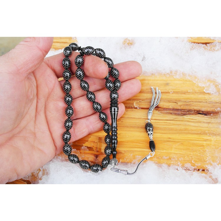 Oltu Stone Beaded Beaded Beaded Rosary with Point Fountain and Nightingale Embroider