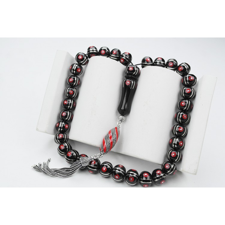 Oltu Sıkması Basık Model  Alpaka Karpuz Mercan İşlemeli Tespih