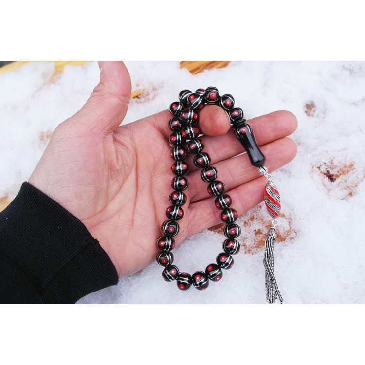 Oltu Sıkması Basık Model  Alpaka Karpuz Mercan İşlemeli Tespih