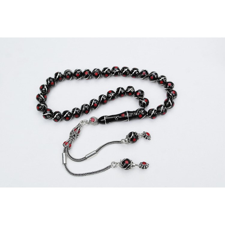 Jet Stone Sphere Model Triple Fountain Nightingale Red Embroidered Bureaucrat Size Prayer Beads