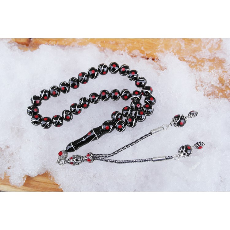 Jet Stone Sphere Model Triple Fountain Nightingale Red Embroidered Bureaucrat Size Prayer Beads