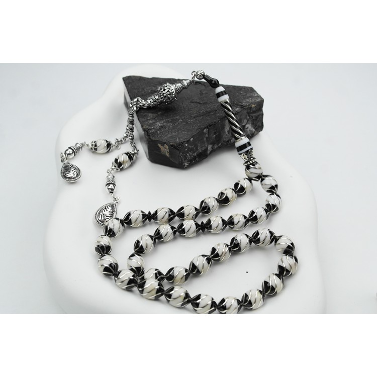 Oltu Taşı Beyzi Model  İşlemeli Altılı Çeşmi Bülbül  Beyaz Galalith Tespih