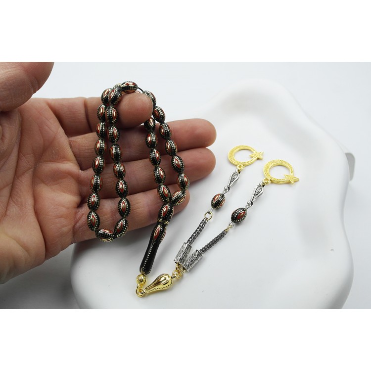 Arpa Model Kırmızı Mine  İşlemeli Pirinç Kafes Tespih