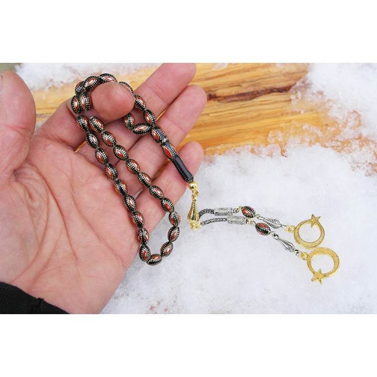 Arpa Model Kırmızı Mine  İşlemeli Pirinç Kafes Tespih