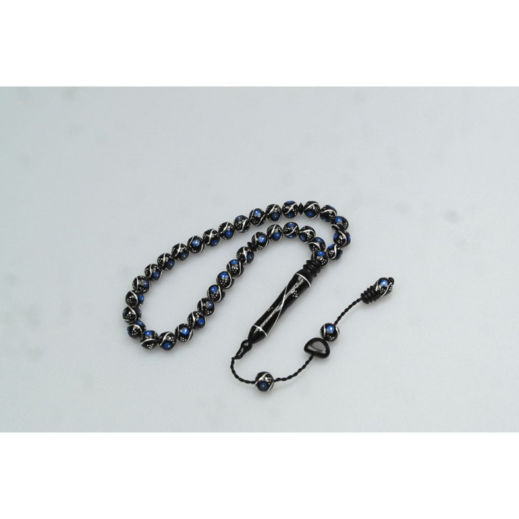 Oltu Taşı Bürokrat Boy Üçlü Çeşmi Bülbül Mavi İşlemeli Tespih