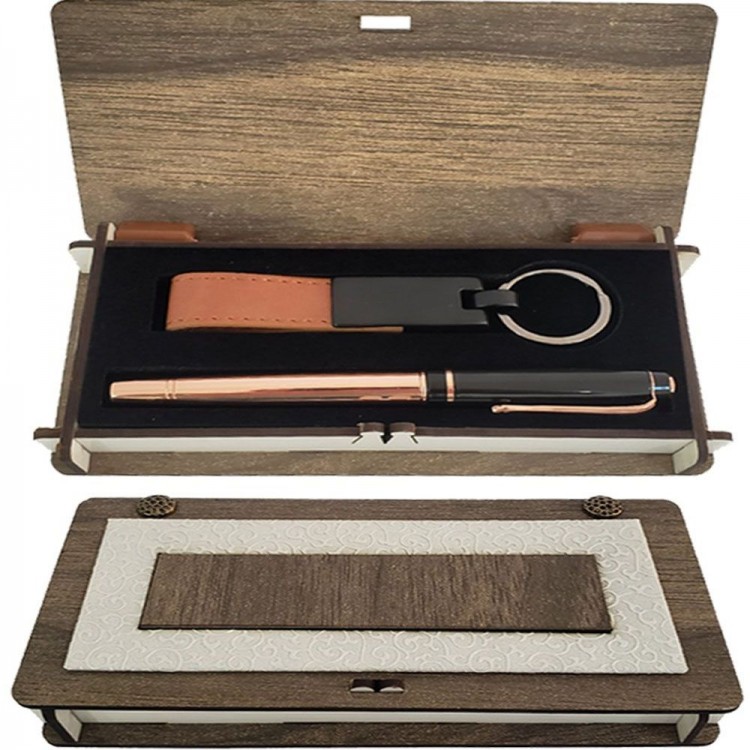 Wooden Box Copper Pen Keyring Set
