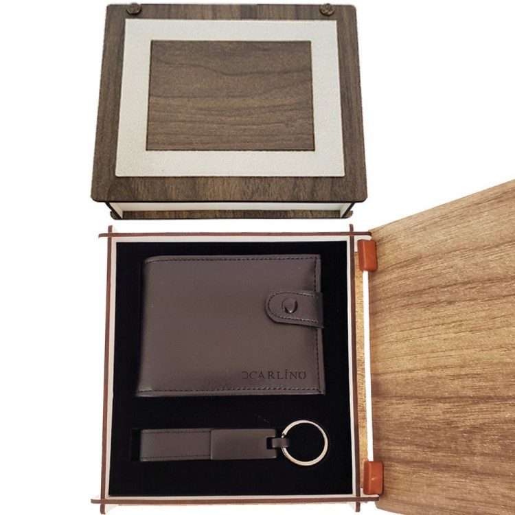 Wooden Box Leather Wallet Keychain Set
