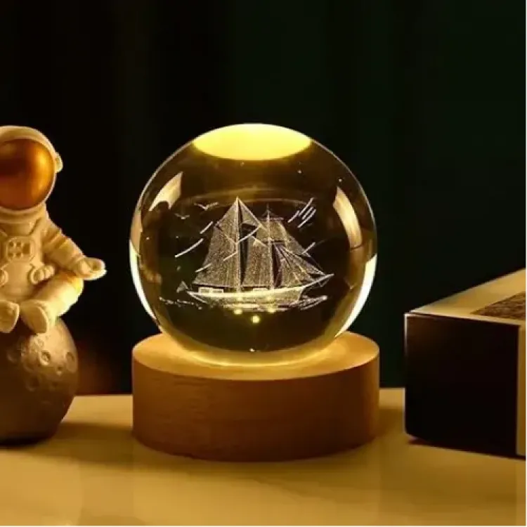 Dekoratif GEMİ Tasarımlı Ahşap altlıklı Işıklı Cam Küre Cam:6cm Ahşap:2cm