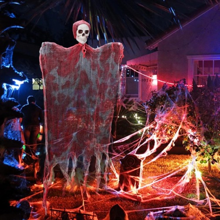 LED-Lit Laughing Sound Sensor Creepy Skull Bloody Horror Ghost Fringed Decor 90x50 cm