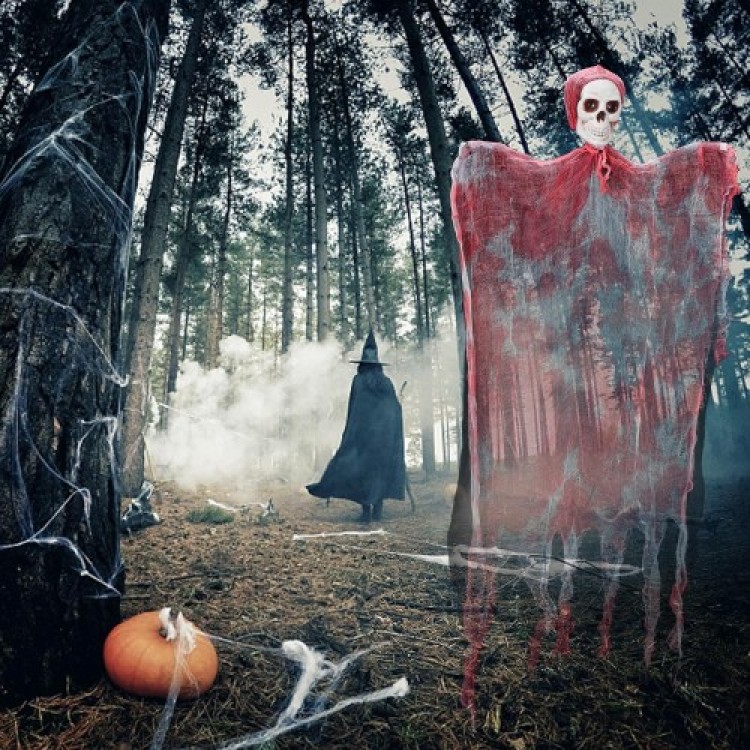 LED-Lit Laughing Sound Sensor Creepy Skull Bloody Horror Ghost Fringed Decor 90x50 cm