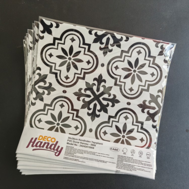 DecoHandy Pvc Yer Karosu 30x30cm 4'lü Paket - Siyah Beyaz Çini Desen 0,36m2 DecoHandy Pvc Yer Karosu 30x30cm 4'lü Paket - Siyah Beyaz Çini Desen 0,36m2