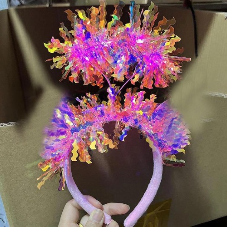 Tasseled LED Light Shiny Hologram Crown Pink