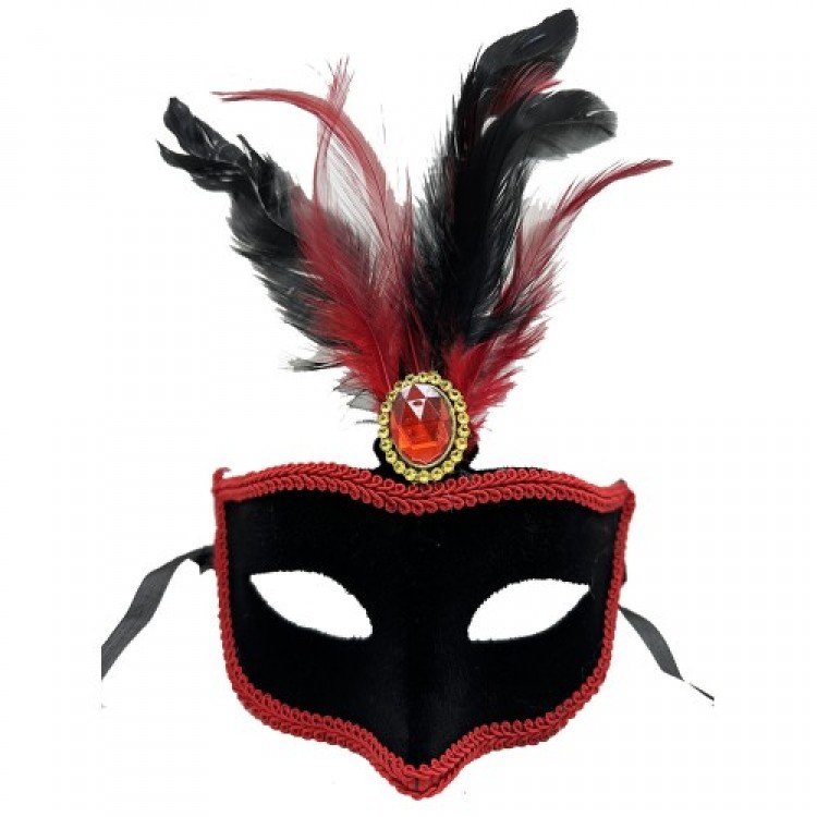 Red Feathered Black Suede Covered Party Mask