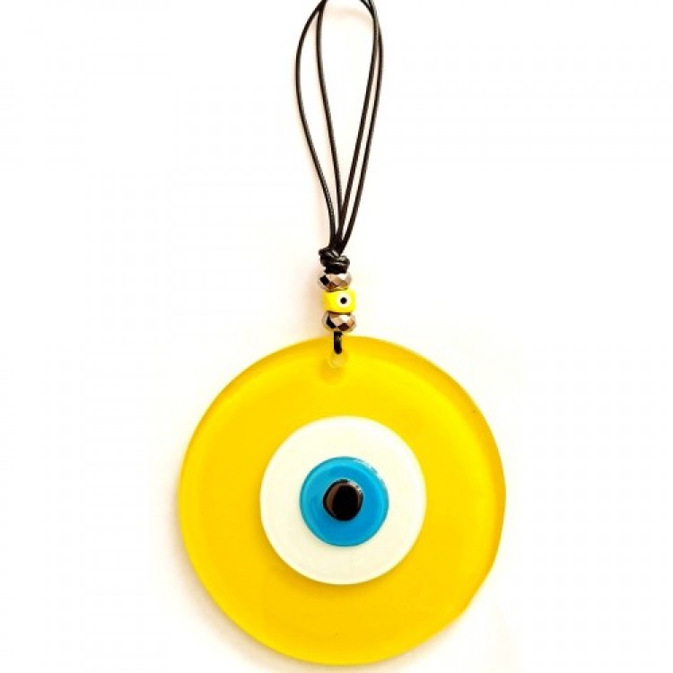 Tasarım Harikası Deri İpli Nazar Boncuklu Sarı Cam Duvar Süsü