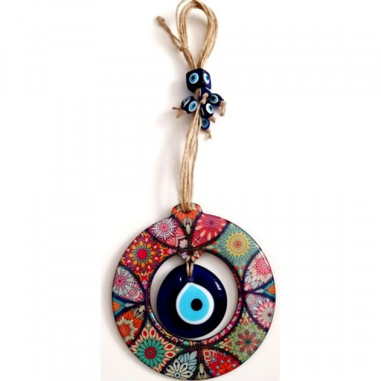 Wooden Mandala Patterned Door, Wall, and Garden Decoration with Glass Nazar Beads in the Center