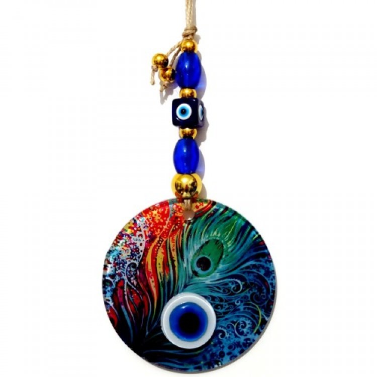 Füzyon Cam Tavus Kuşu Tüyü Desenli 12 Cm Nazar Boncuklu El Yapımı Duvar Süsü Nazarlık