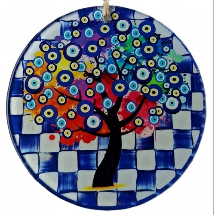 Wish Tree Patterned Evil Eye Beaded Fused Glass Wall Decoration