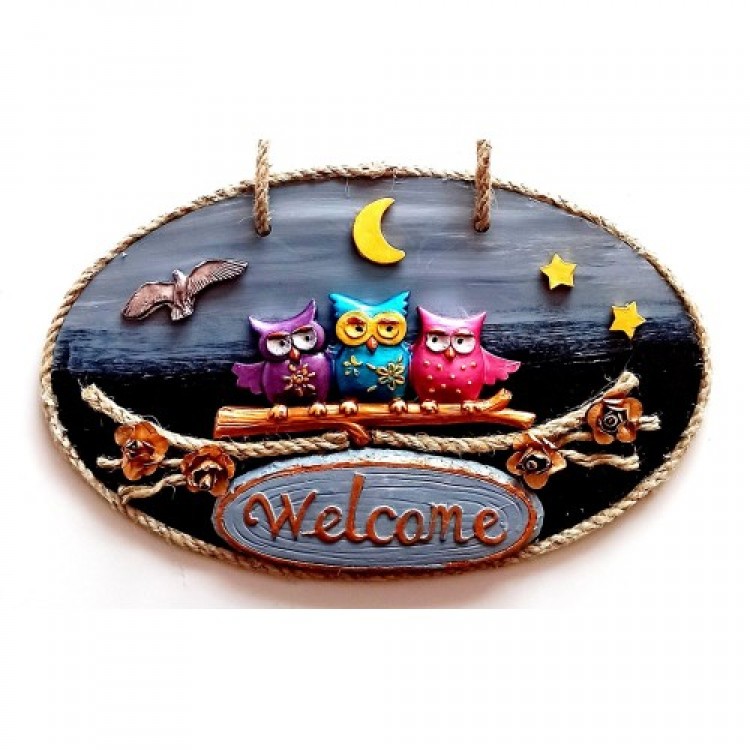 Renkli Baykuşlu Welcome Yazılı El Yapımı Kapı Süsü