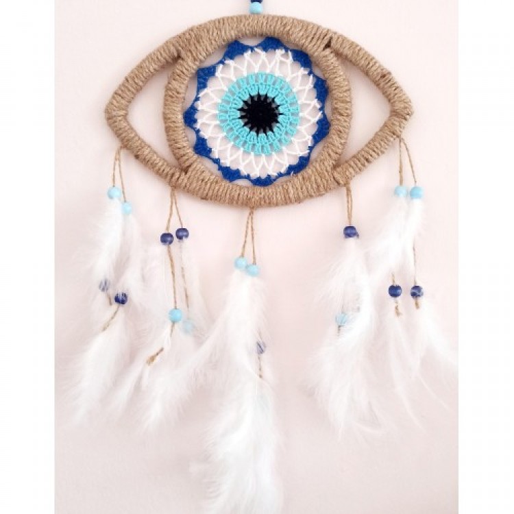 Göz Model Nazar Boncuğu Motifli Kuş Tüylü El Yapımı Düş Kapanı Duvar Dekoru
