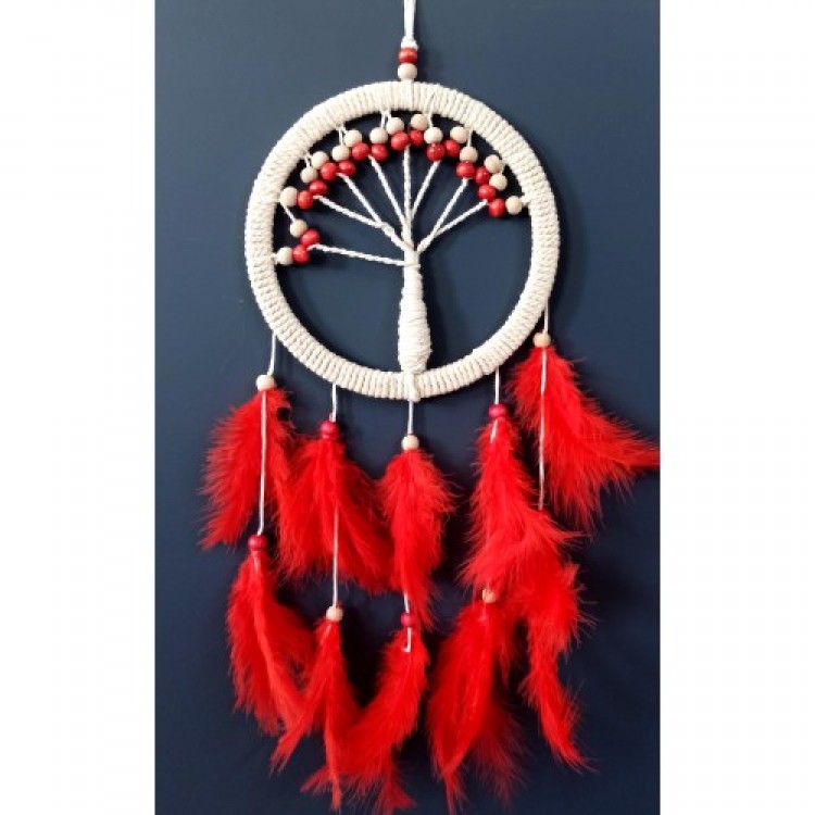 Red Bird Feathered Tree of Life Dream Catcher Wall Decoration