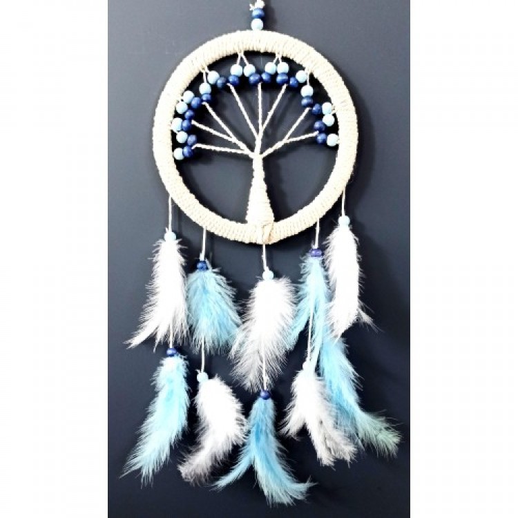 Blue and White Bird Feathered Tree of Life Dream Catcher Wall Decoration