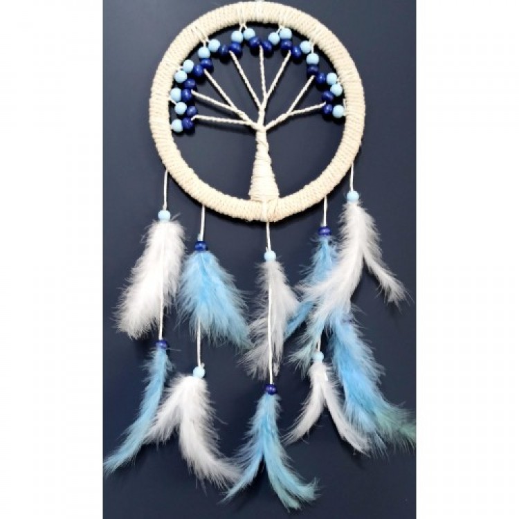 Blue and White Bird Feathered Tree of Life Dream Catcher Wall Decoration