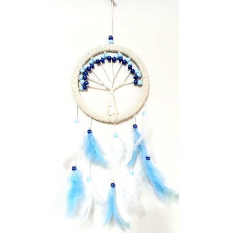 Blue and White Bird Feathered Tree of Life Dream Catcher Wall Decoration