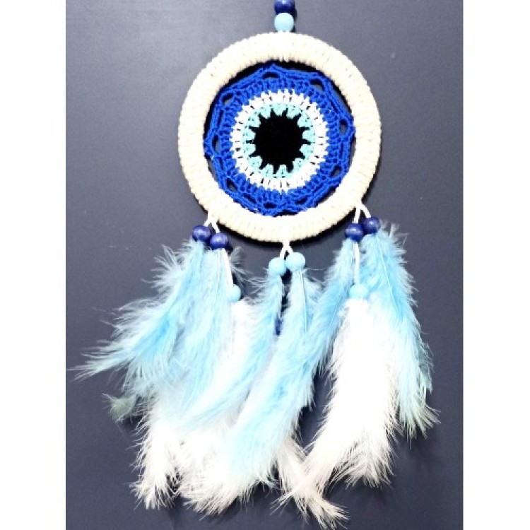 Baby Blue and White Feathered Dream Catcher Wall Decoration with Evil Eye Motif