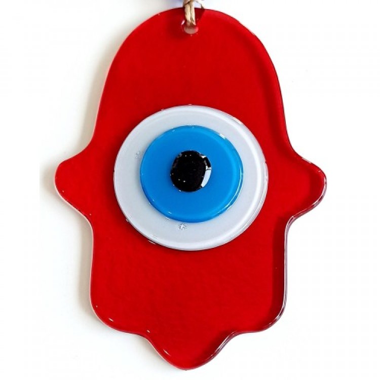 Evil Eye Beaded Red Fatma Ana Blessing Hand Glass Wall Decoration