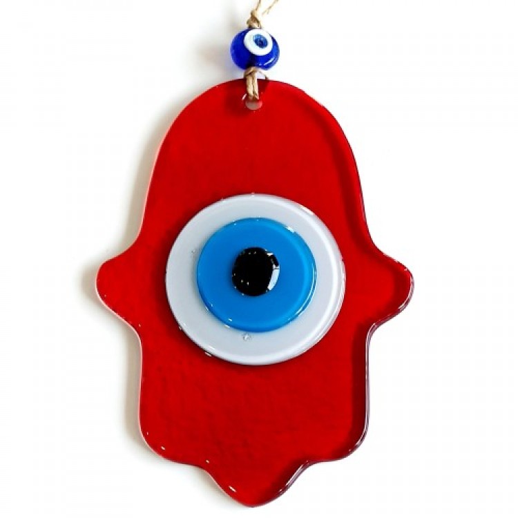 Evil Eye Beaded Red Fatma Ana Blessing Hand Glass Wall Decoration