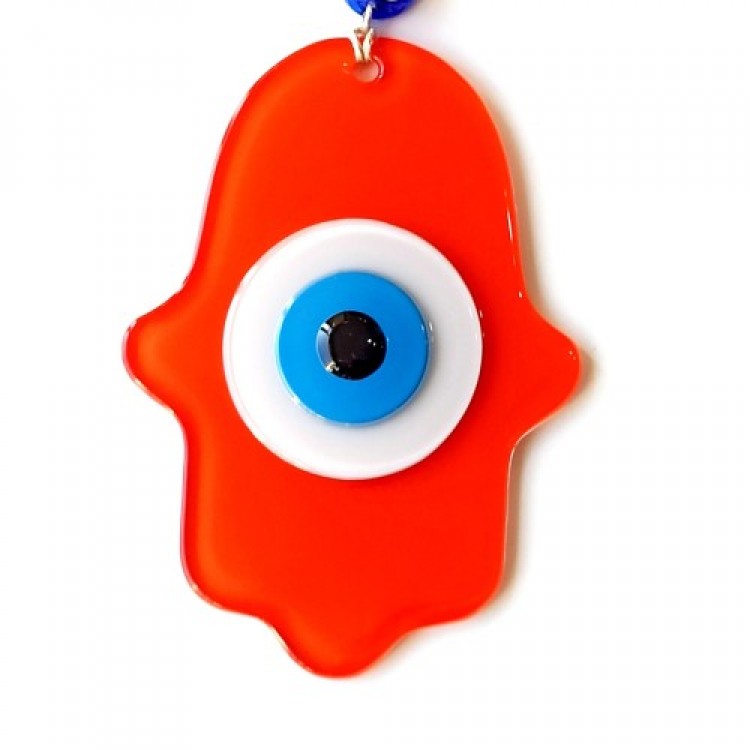 Orange Fatma Ana Blessing Hand Glass Wall Decoration with Evil Eye Beads