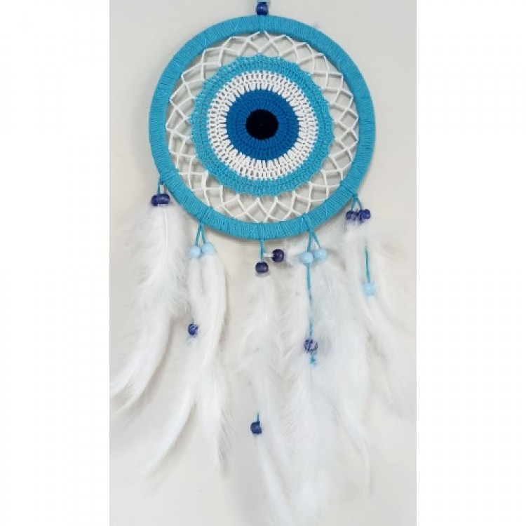 Turquoise Dream Catcher with Evil Eye Motif, White Feathered Dream Catcher Wall Decoration