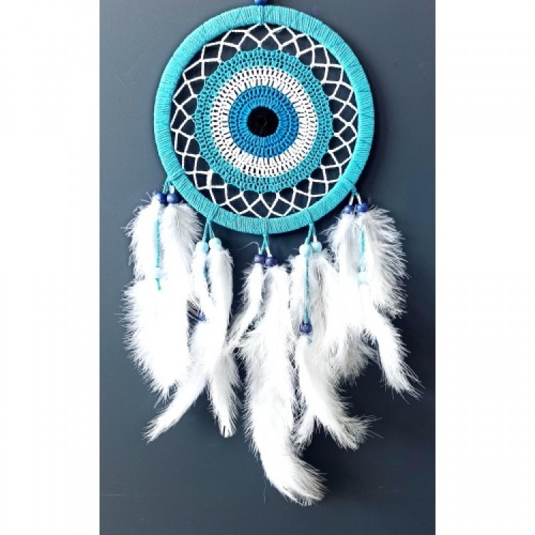 Turquoise Dream Catcher with Evil Eye Motif, White Feathered Dream Catcher Wall Decoration