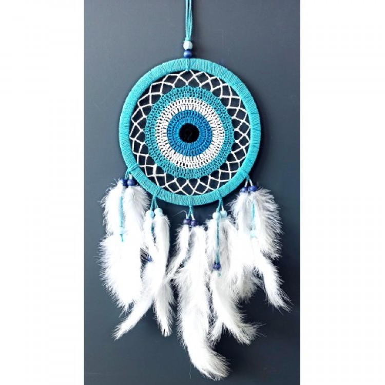 Turquoise Dream Catcher with Evil Eye Motif, White Feathered Dream Catcher Wall Decoration
