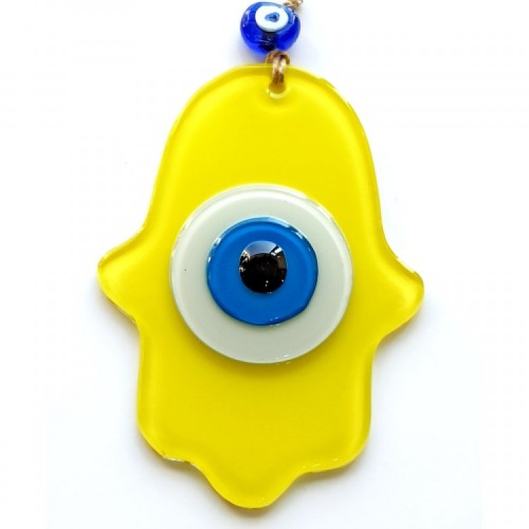 Yellow Fatma Mother's Hand of Blessing Glass Wall Decoration with Evil Eye Beads