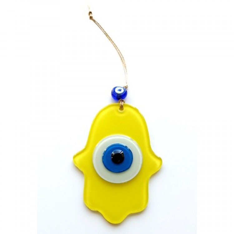 Yellow Fatma Mother's Hand of Blessing Glass Wall Decoration with Evil Eye Beads