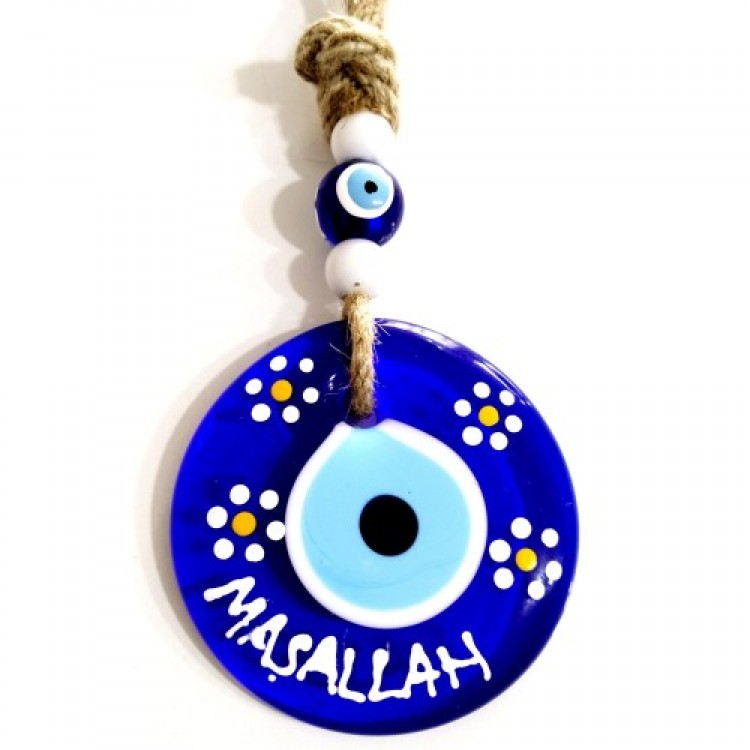 Mashallah Hand-Painted Wall Decoration with Daisy Pattern and Evil Eye Beads
