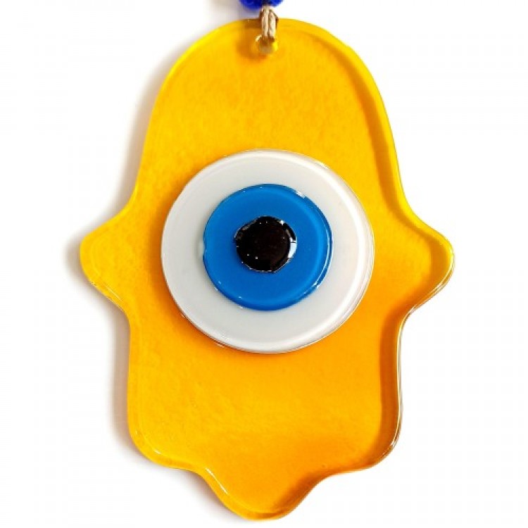 Nazar Beaded Honey-Colored Fatma Ana Blessing Hand Glass Wall Decoration