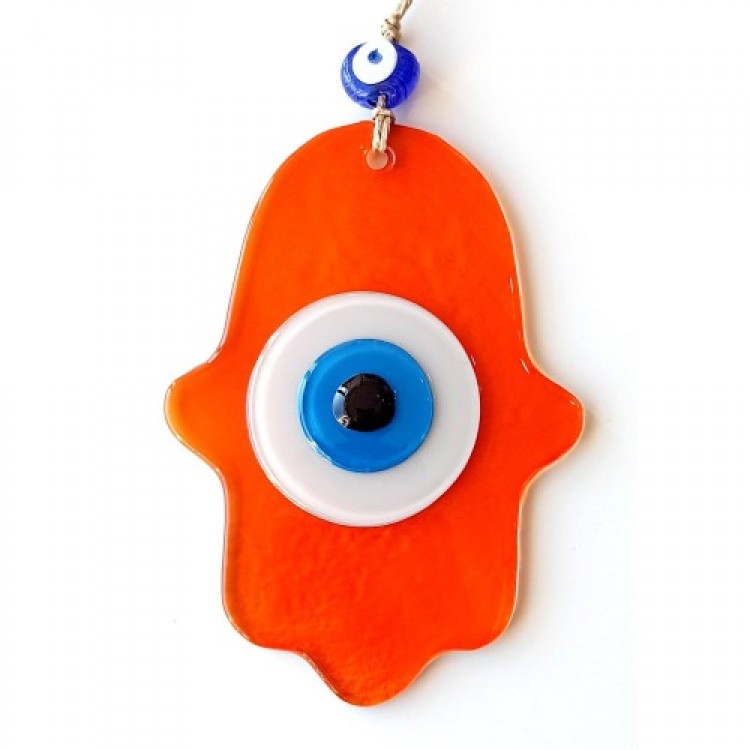 Nazar Beaded Transparent Orange Fatma Ana Blessing Hand Glass Wall Decoration
