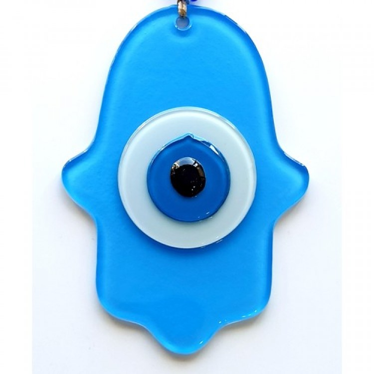 Nazar Beaded Baby Blue Fatma Ana Blessing Hand Glass Wall Decoration