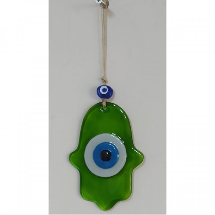 Fatma Ana Blessing Hand Glass Wall Decoration in Olive Green Color with Evil Eye Beads