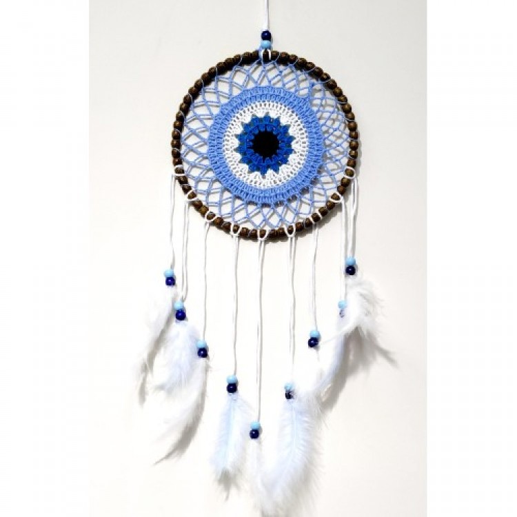 Nazar Boncuğu Motifli El Yapımı Buz Mavisi Renginde Düş Kapanı Duvar Süsü Nazar Boncuğu Motifli El Yapımı Buz Mavisi Renginde Düş Kapanı Duvar Süsü