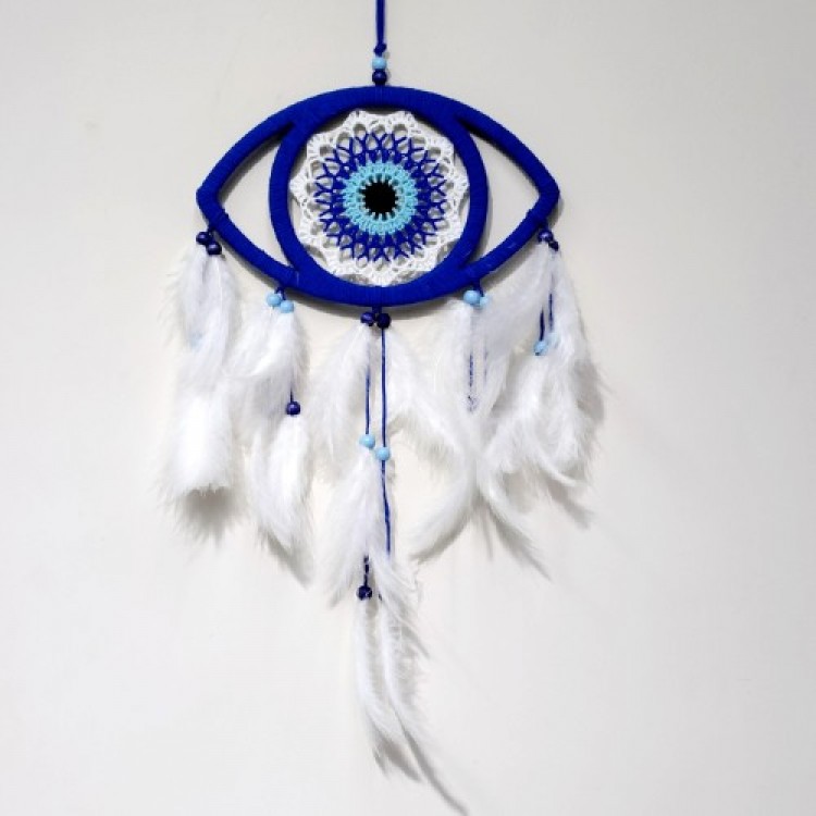 Eye Model Nazar Bead Motif Bird Feather Handmade Blue Dream Catcher Wall Decoration