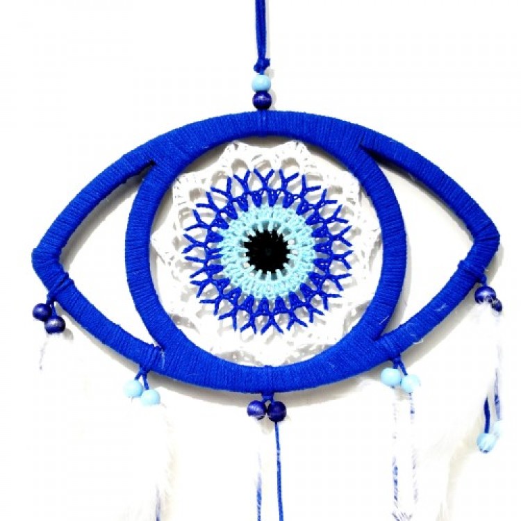 Eye Model Nazar Bead Motif Bird Feather Handmade Blue Dream Catcher Wall Decoration