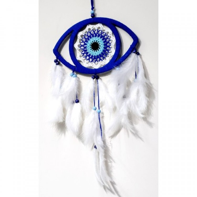 Eye Model Nazar Bead Motif Bird Feather Handmade Blue Dream Catcher Wall Decoration
