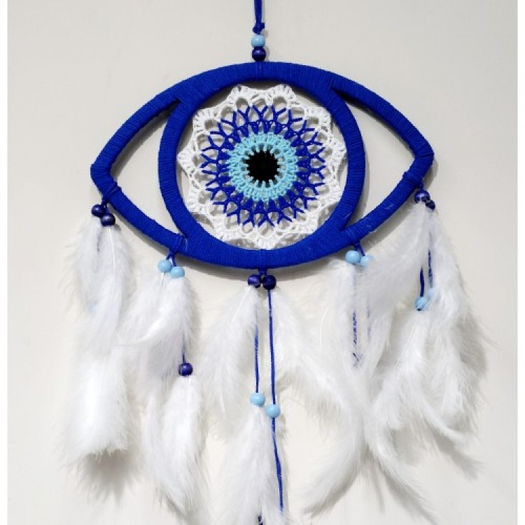 Eye Model Nazar Bead Motif Bird Feather Handmade Blue Dream Catcher Wall Decoration
