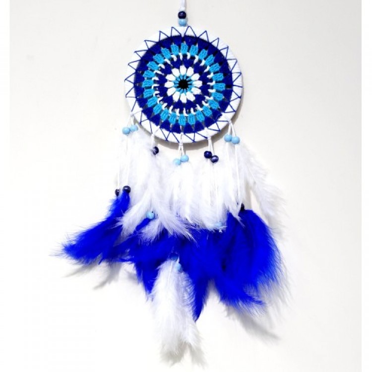 White Dream Catcher Handmade Wall Decoration with Evil Eye Pattern and Plenty of Bird Feathers